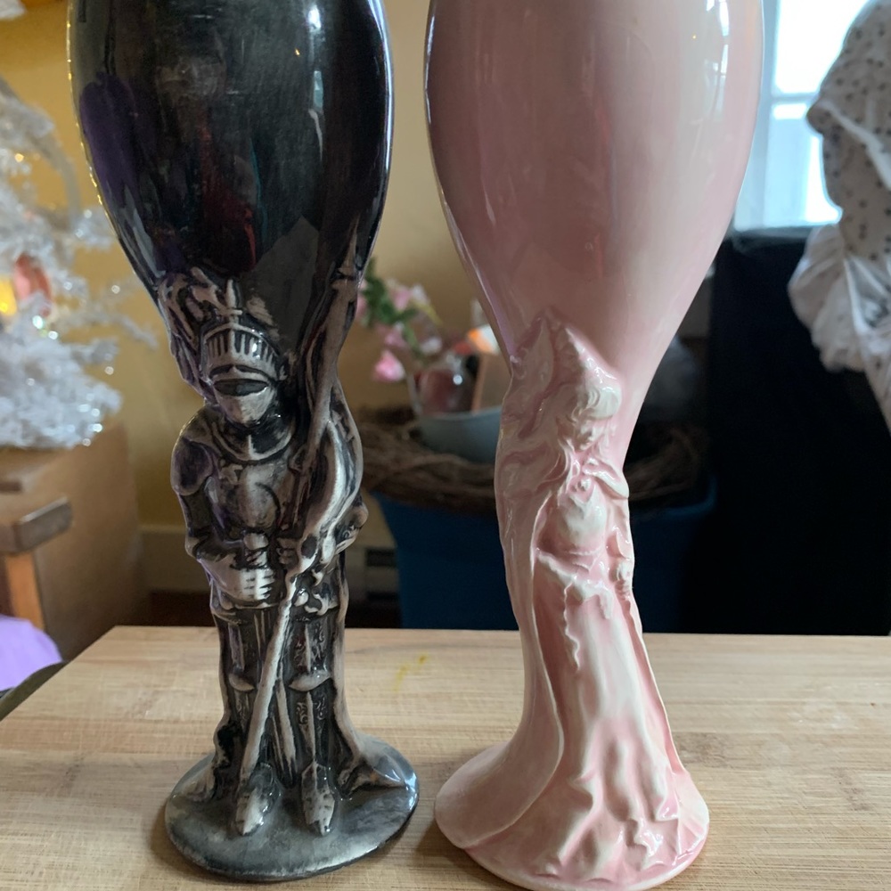 Handcrafted ceramic fairytale wedding champagne flutes, knight and princess